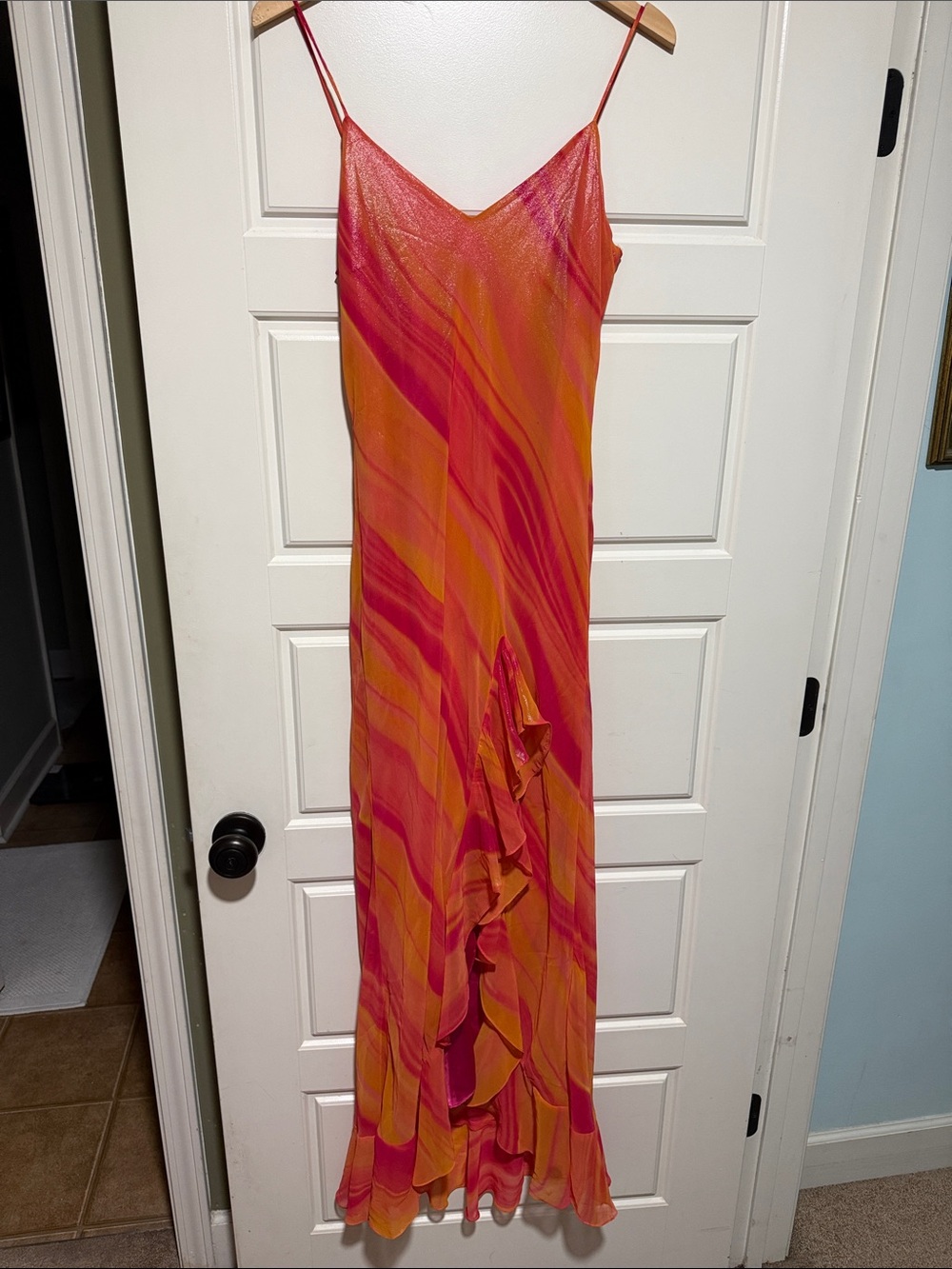 Vintage 2000s Y2K Maria Bonita Sunset Chiffon Dress gown ruffle high slit M USA